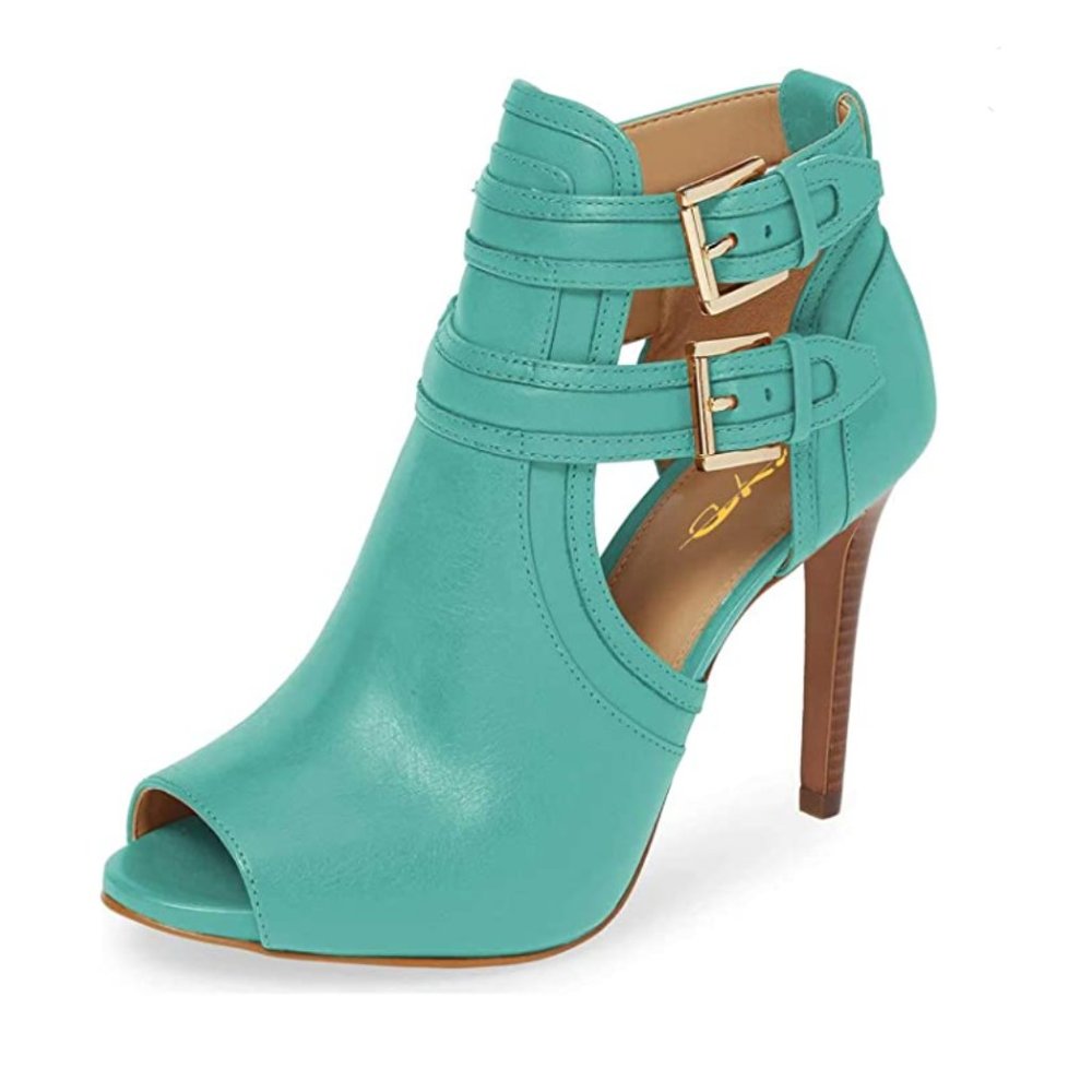 XYD Turquoise Peep Toe High Heels Buckled Double Straps Cutout Ankle Bootie